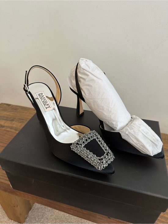 Badgley Mischka Shoes - Badgley Mischka Black Satin Slingback Heels with Crystal Buckle